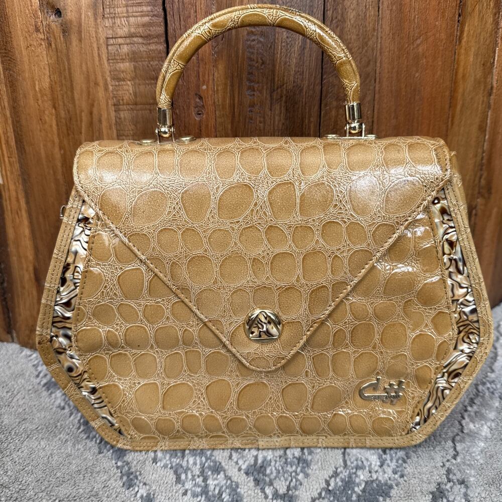 VINTAGE C# SEE SHARP Tan Faux Croc Leather Convertible Clutch Handbag B
